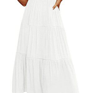 Women's Flutter Sleeve Smocked Midi Dress V Neck Casual Tiered Dresses with Pock